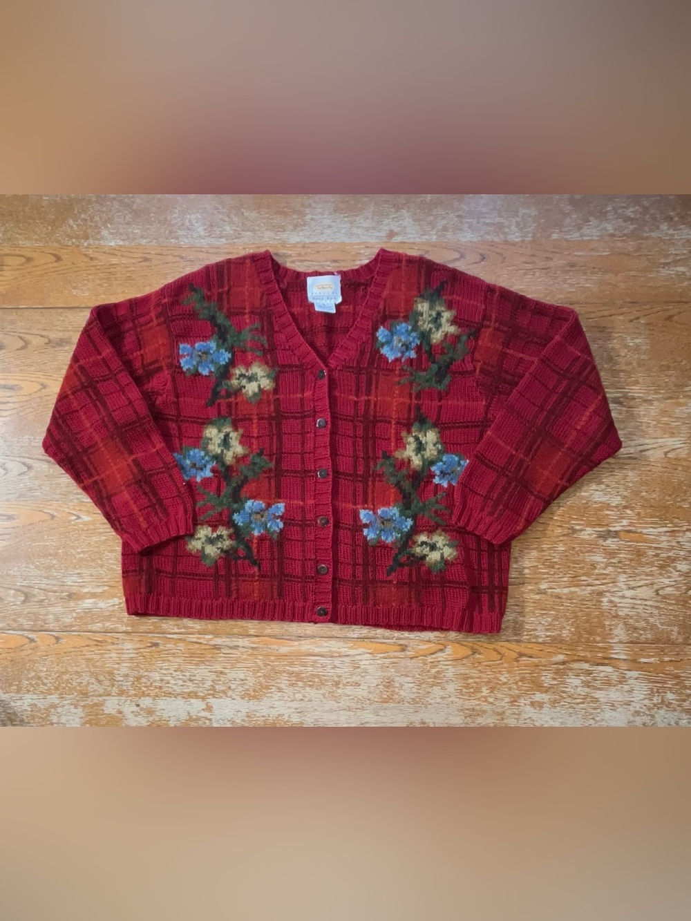 Vintage Talbots Red Plaid Flowered Cardigan Sweater Size PL Petite Large